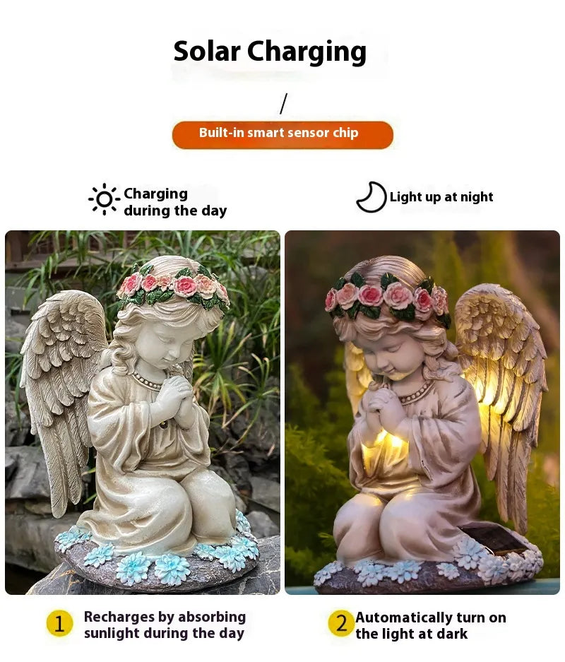 Resin Prayer Angel Solar Energy Outdoor Yard Lamp